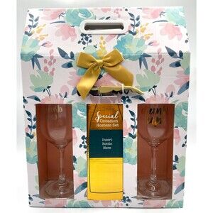 New "Drink Up" Hostess Set with 2 Stemmed Wine Glasses and Corkscrew Gift Box